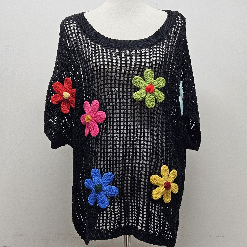 Crochet Mesh Knit Top XL Colorful Floral Appliques Short Sleeve Festival Boho - Picture 2 of 14
